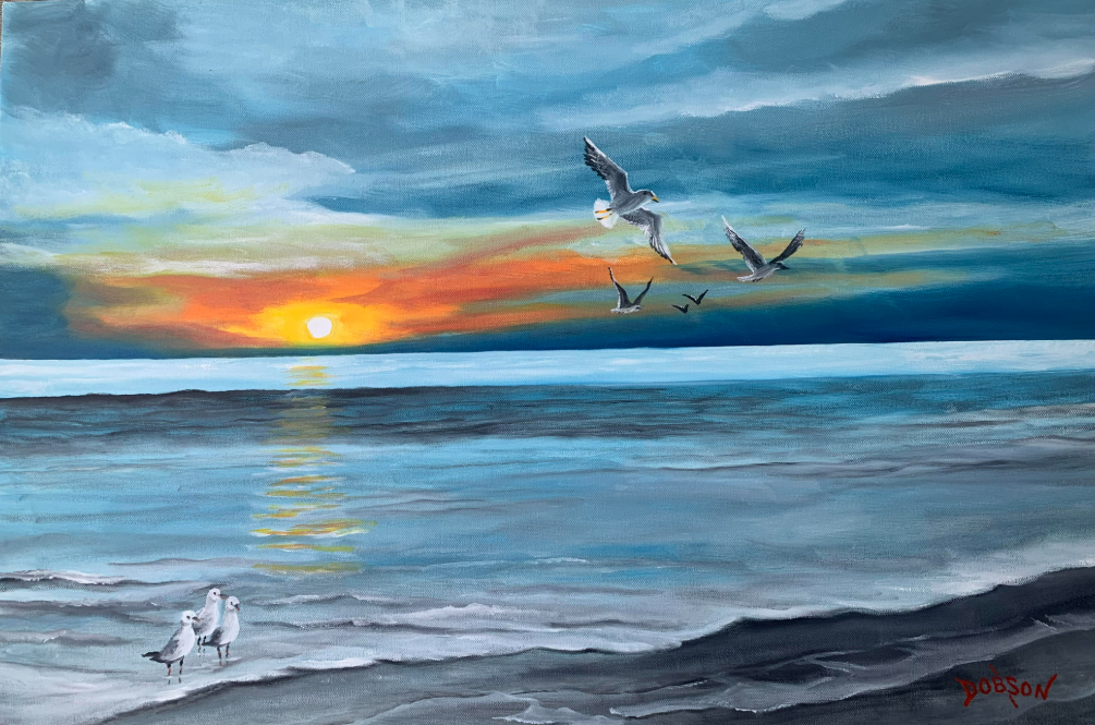 An oil painting by Lloyd Dobson Artist titled "Siesta Key Beach Sunset" with seagulls