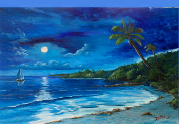 Oil painting titled "Sailboad Moonlit In Paradise" by Lloyd Dobson Artist