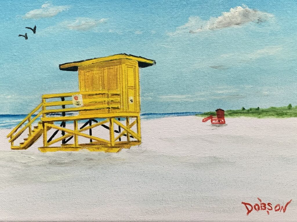 Siesta Key Beach yellow lifeguard stand oil painting by Lloyd Dobson Artist