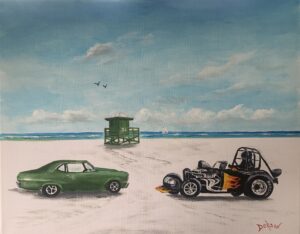 Commissioned oil painting of two vehicles sitting on the Siesat Key Beach titled "My Babies" by Lloyd Dobson Artist