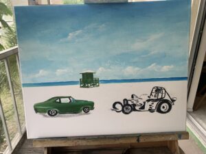 Session number two creating a beach scene oil painting with two classic vehicles sitting on the beach by Lloyd Dobson Artist