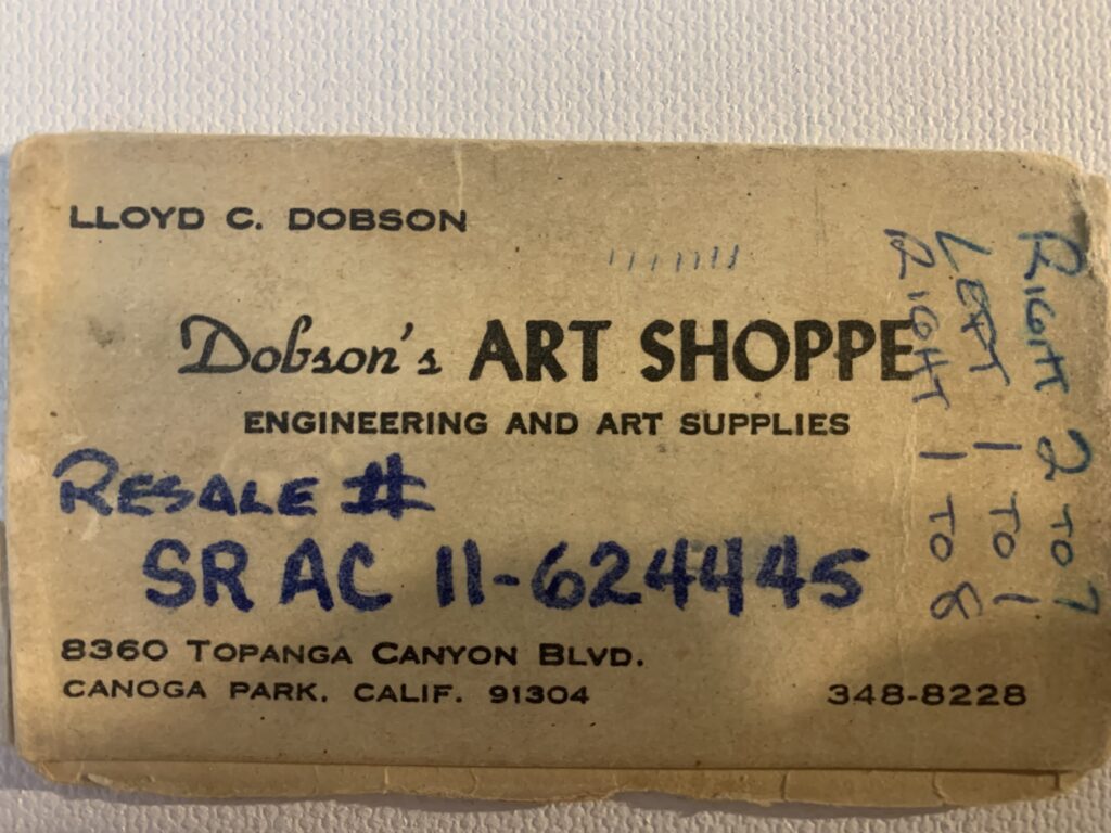 Business card of Dobson's Art Shoppe in Canoga Park, California by Lloyd Dobson Artist