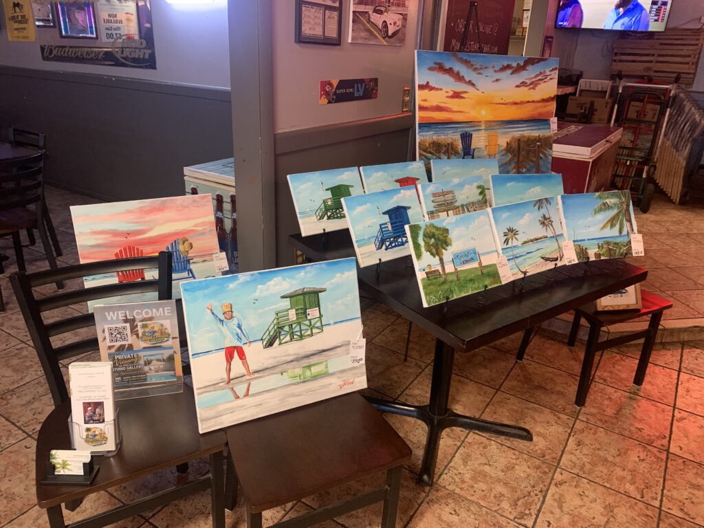 Artwork display by Lloyd Dobson Artist inside Monk's Steamer Bar