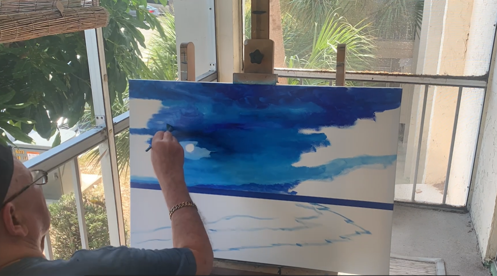 Creating the oil painting and painting the midnight sky titled "Sailboat Moonlit In Paradise" by Lloyd Dobson Artist