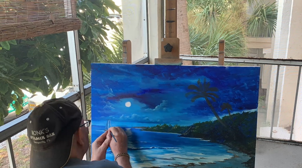Painting the sailboat in the painting titled "Sailboat Moonlit In Paradise" by Lloyd Dobson Artist