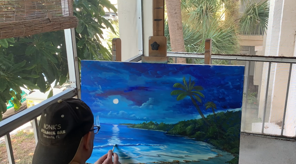 Creating the tropical shoreline in the painting titled "Sailboat Moonlit In Paradise" by Lloyd Dobson Artist