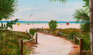 Oil painting by Lloyd Dobson Artist of the Siesta Key Beach with the yellow and red lifeguard stands in the background