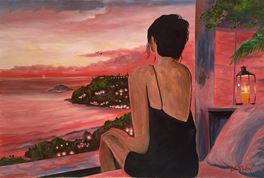 Oil painting by Lloyd Dobson Artist titled "One Light Inside My Soul" with a woman looking into a late evening sunset ocean bay.