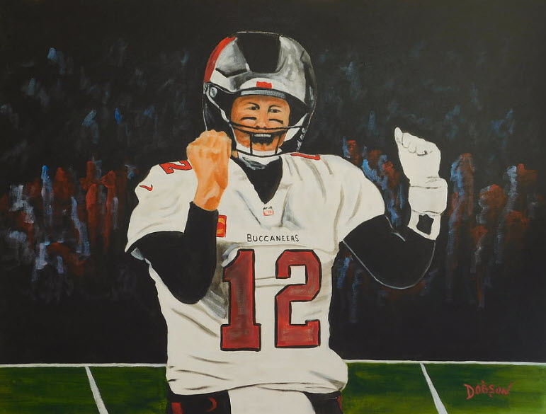 Oil painting of Tom Brady in Super Bowl LV by Lloyd Dobson Artist