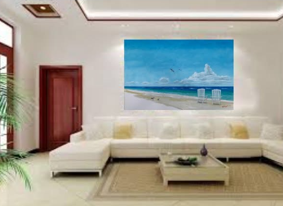 An oil painting hanging over a living room sofa