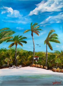 Original oil painting with beach, palm trees and chairs titled "Our Favorite Spot" by Lloyd Dobson Artist