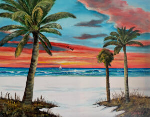 Oil painting titled "Colors of Siesta Key" by Lloyd Dobson Artist. A vibrant colored sunset with palm trees.