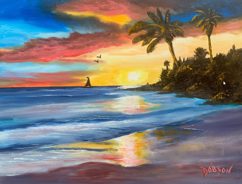 An oil painting titled "A Paradise Sunset" by Lloyd Dobson Artist