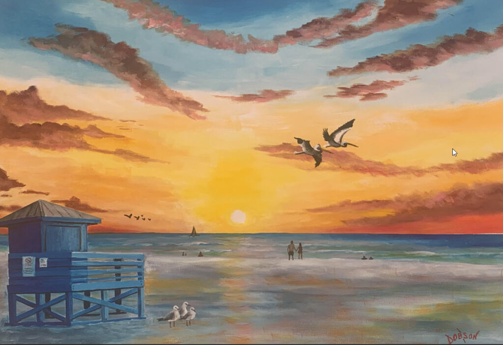 Blue Lifeguard Stand at Sunset oil painting by Lloyd Dobson Artist