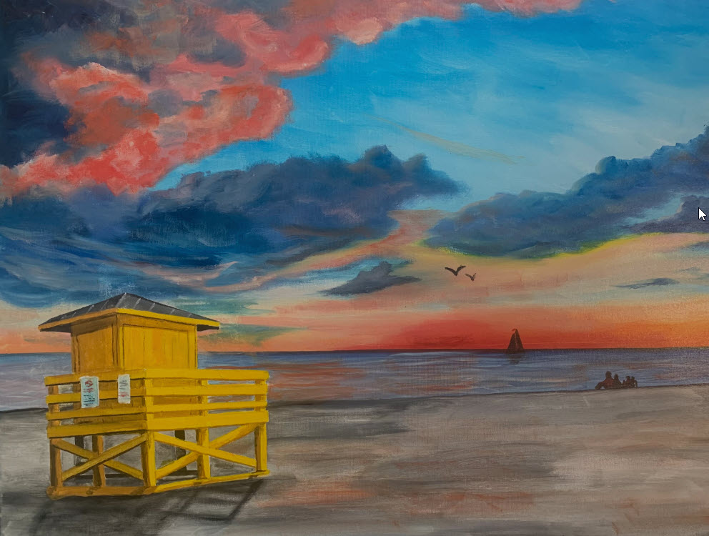 An oil painting of the Yellow Lifeguard Stand At Sunset by Lloyd Dobson Artist